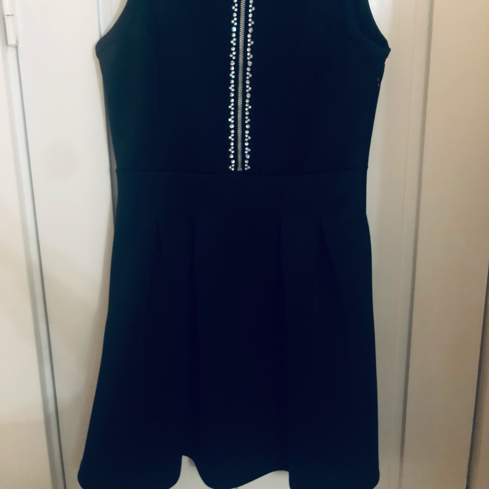 NEW! Michael Kors Mini Black Dress, Crew-Neck, Front Zip, Jeweled, Sleeveless
